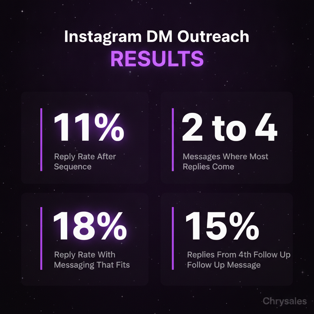 Stat grid infographic showing key reply rate results from Instagram DM outreach sequences