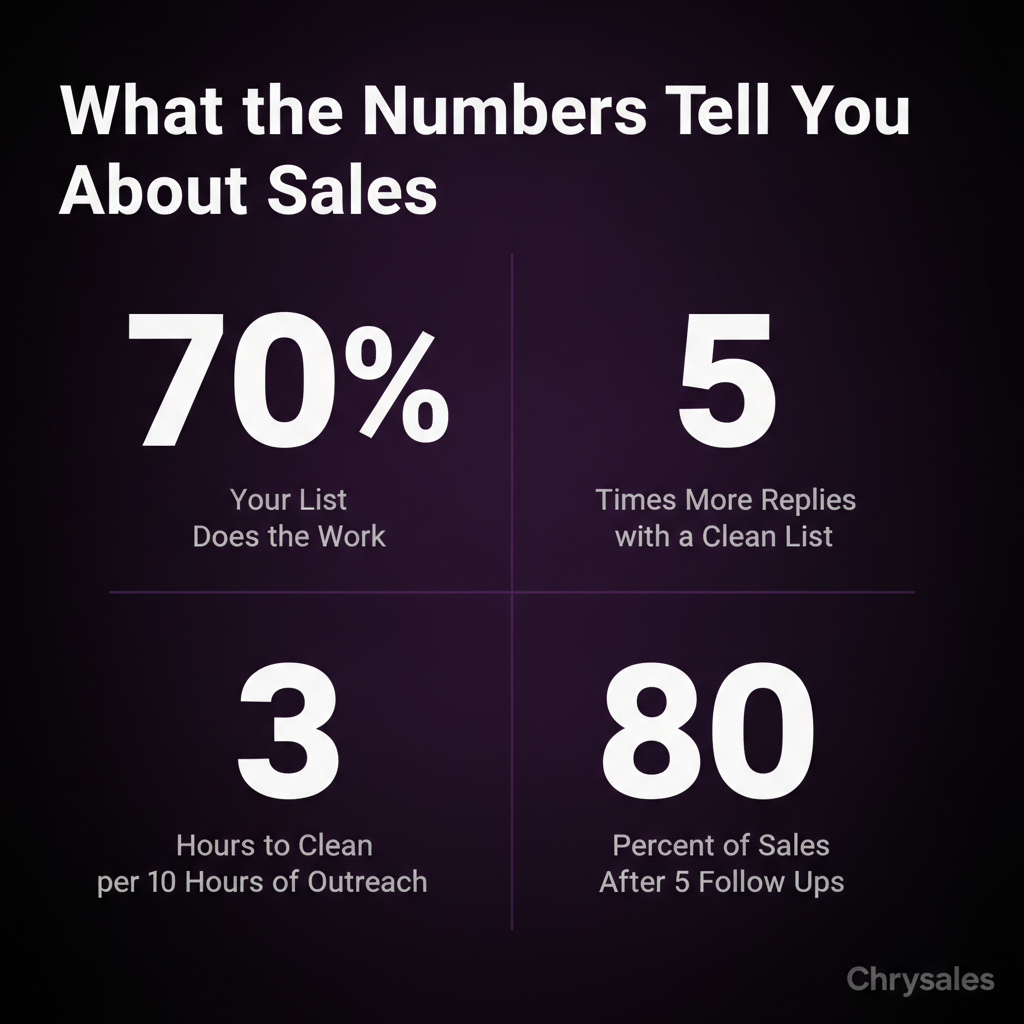 Stat grid showing four key B2B sales numbers including follow up and list quality