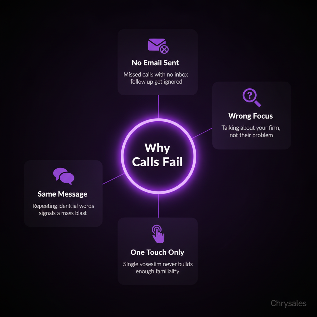 Hub and spoke infographic showing four reasons B2B voicemails fail to get callbacks