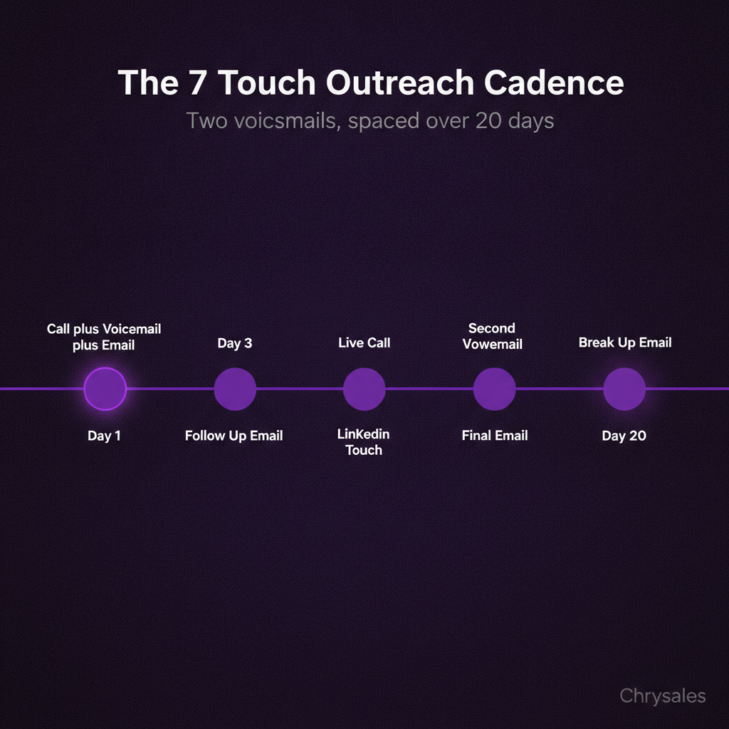 Horizontal timeline showing the 7 touch B2B sales outreach cadence over 20 days