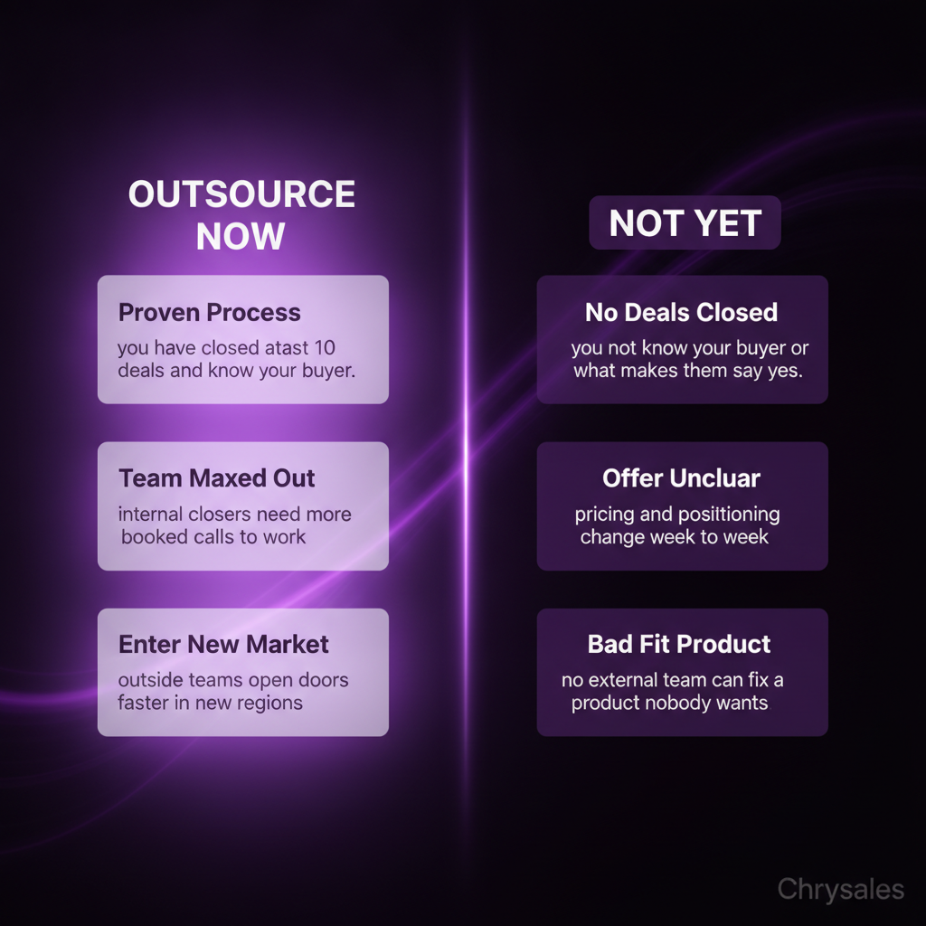Side by side comparison of when to outsource sales versus when to wait
