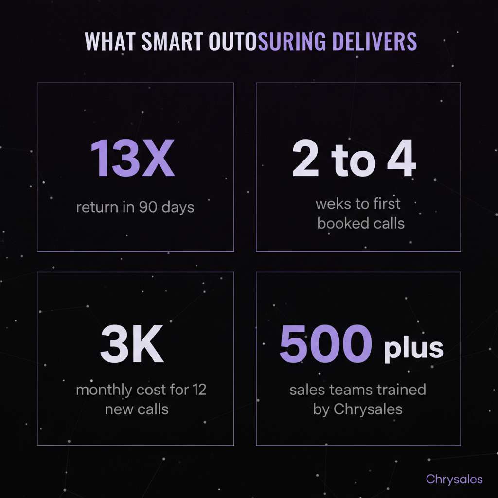 Key stats showing outsourced sales ROI including 13X return and 500 plus teams trained