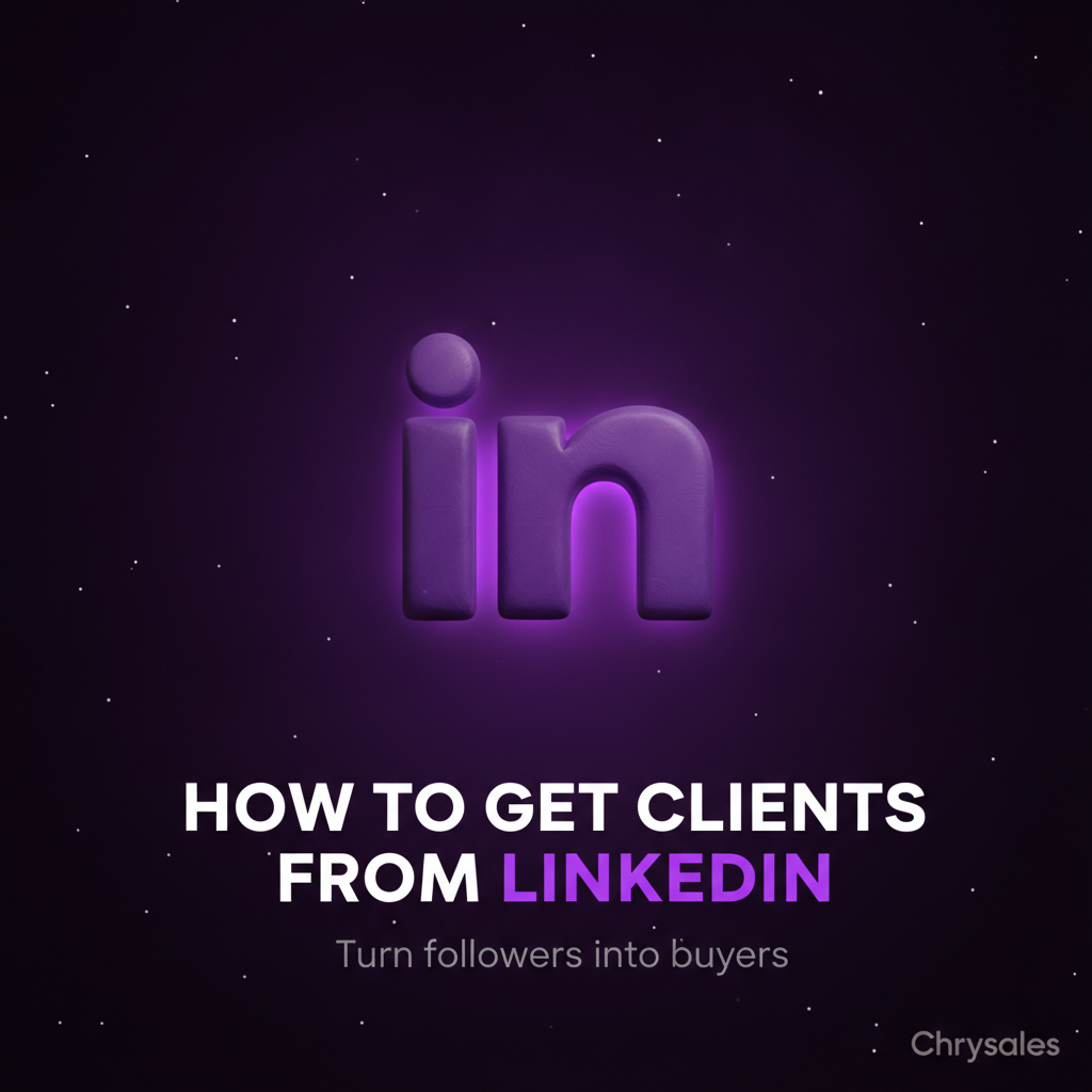 LinkedIn logo icon glowing in purple with bold client acquisition headline below
