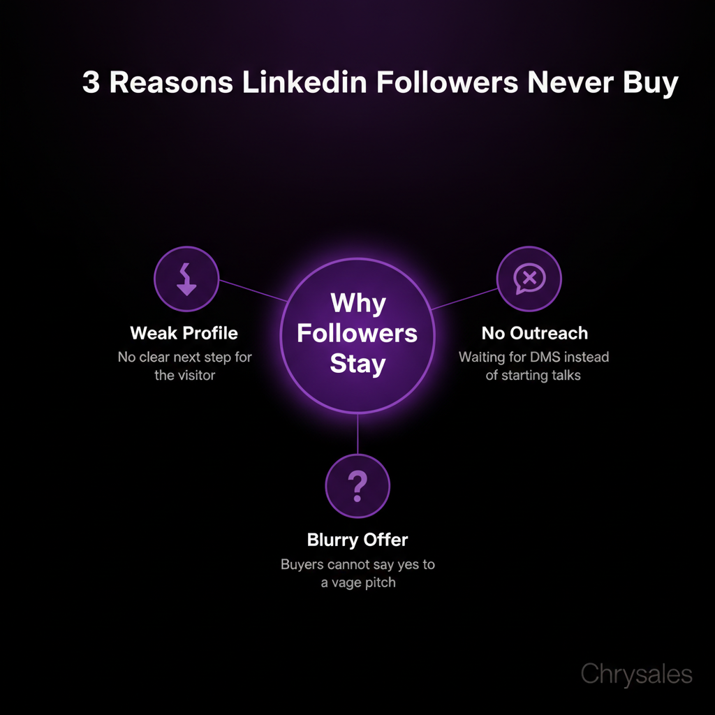 Hub and spoke infographic showing three reasons LinkedIn followers never become clients