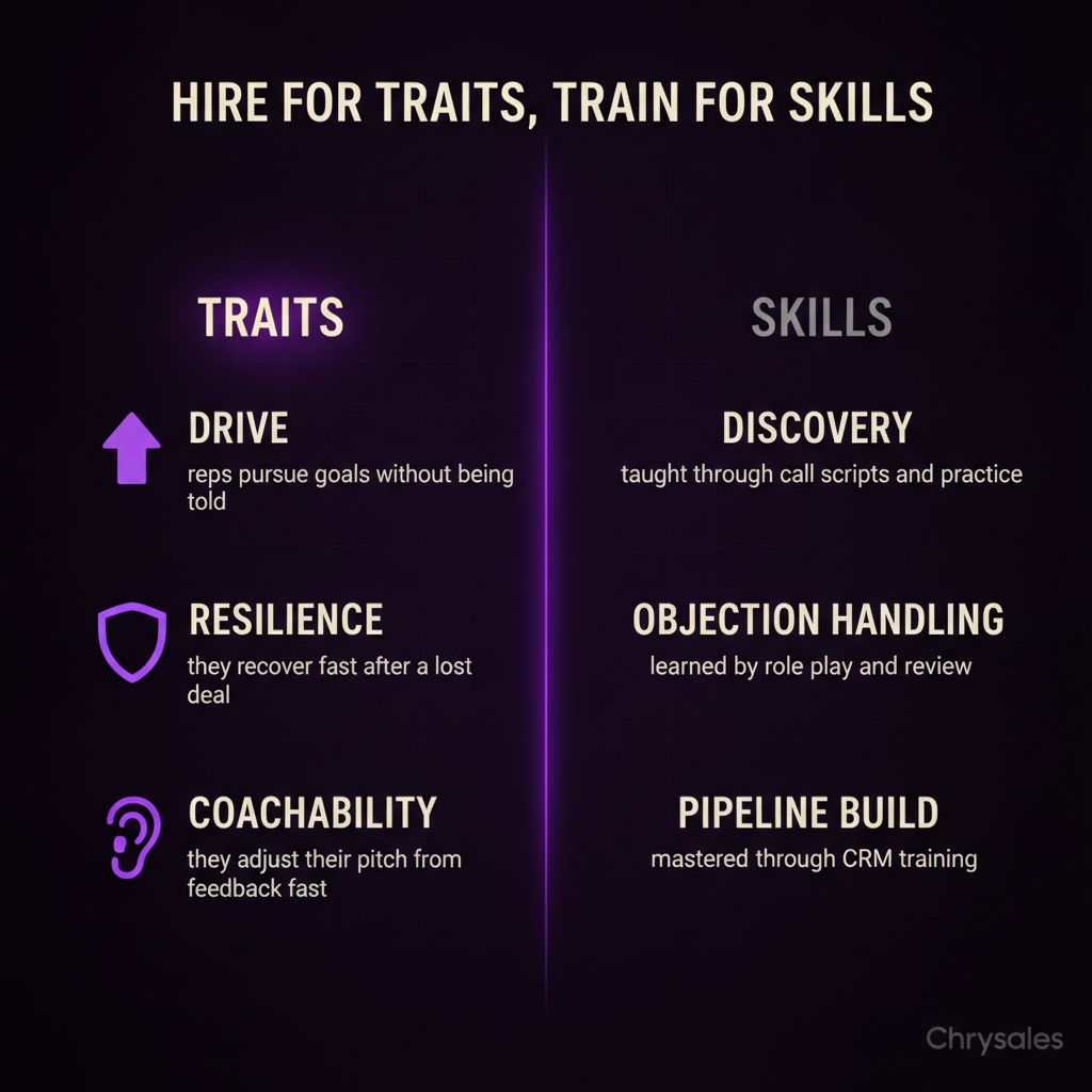 Comparison infographic showing traits to hire for versus skills to train in sales reps