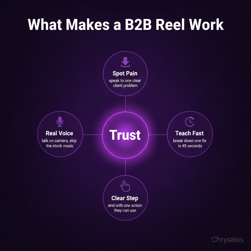 Hub and spoke infographic showing four elements that make B2B reels effective