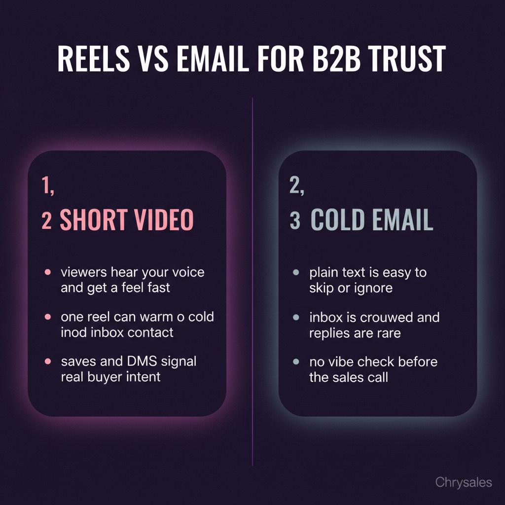 Split comparison infographic showing B2B reels versus cold email for building trust