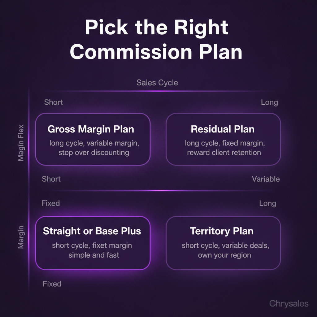 Matrix infographic helping B2B teams choose the right commission plan by sales cycle and margin