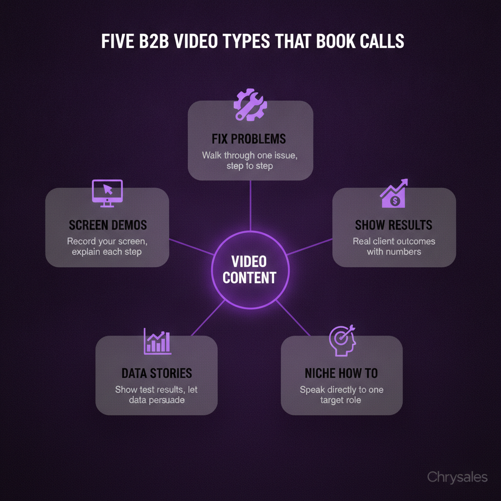 Hub and spoke infographic showing five B2B YouTube video types that generate sales calls