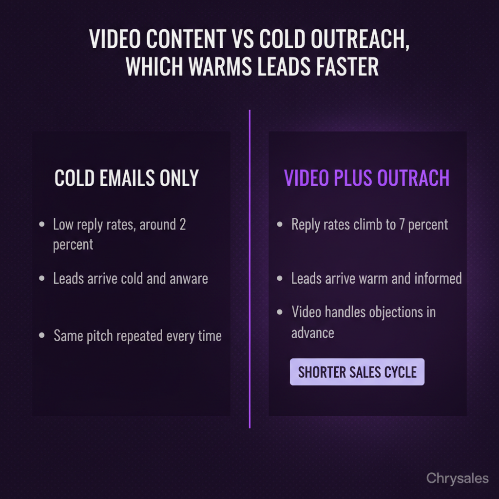 Side by side comparison of cold email only versus video plus outreach for B2B lead warming