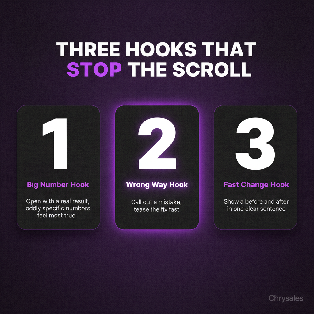 Three hook types for short form video shown in bold numbered stat grid