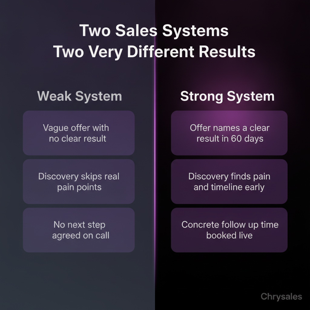 Side by side comparison of weak versus strong B2B sales systems and objection outcomes