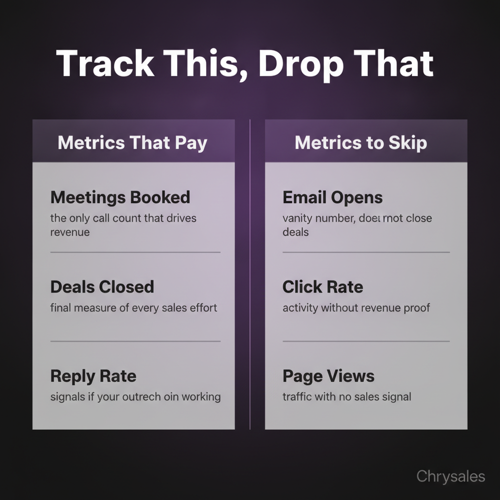 Comparison infographic showing B2B sales metrics worth tracking versus vanity metrics to skip
