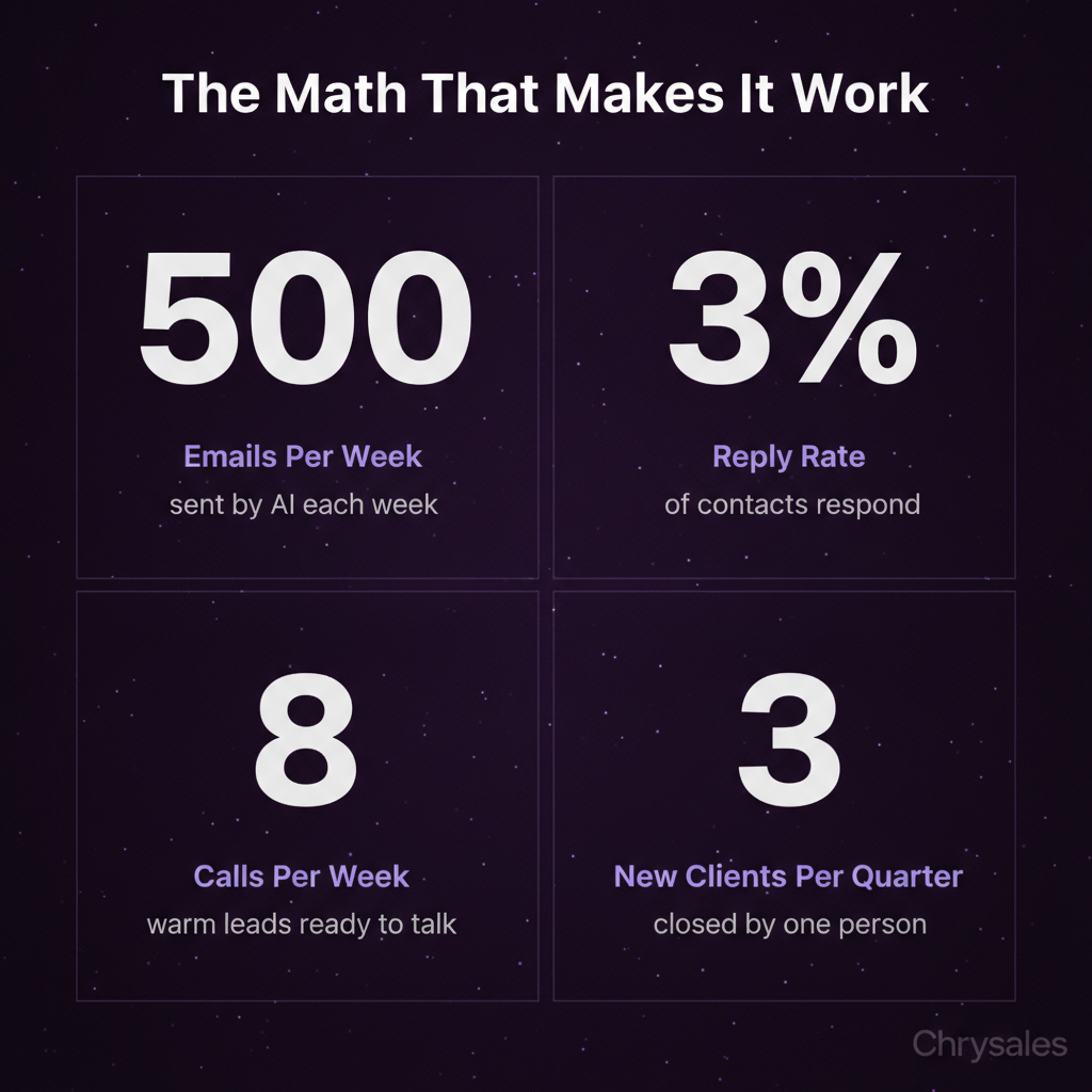 Key sales funnel numbers showing weekly emails, reply rate, calls, and new clients