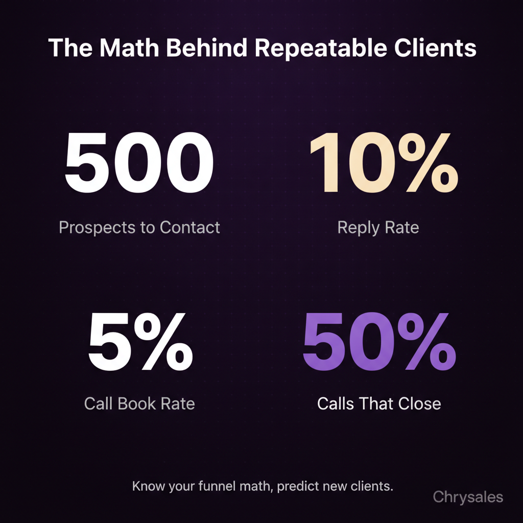 Stat grid infographic showing the client acquisition funnel math for predictable B2B revenue