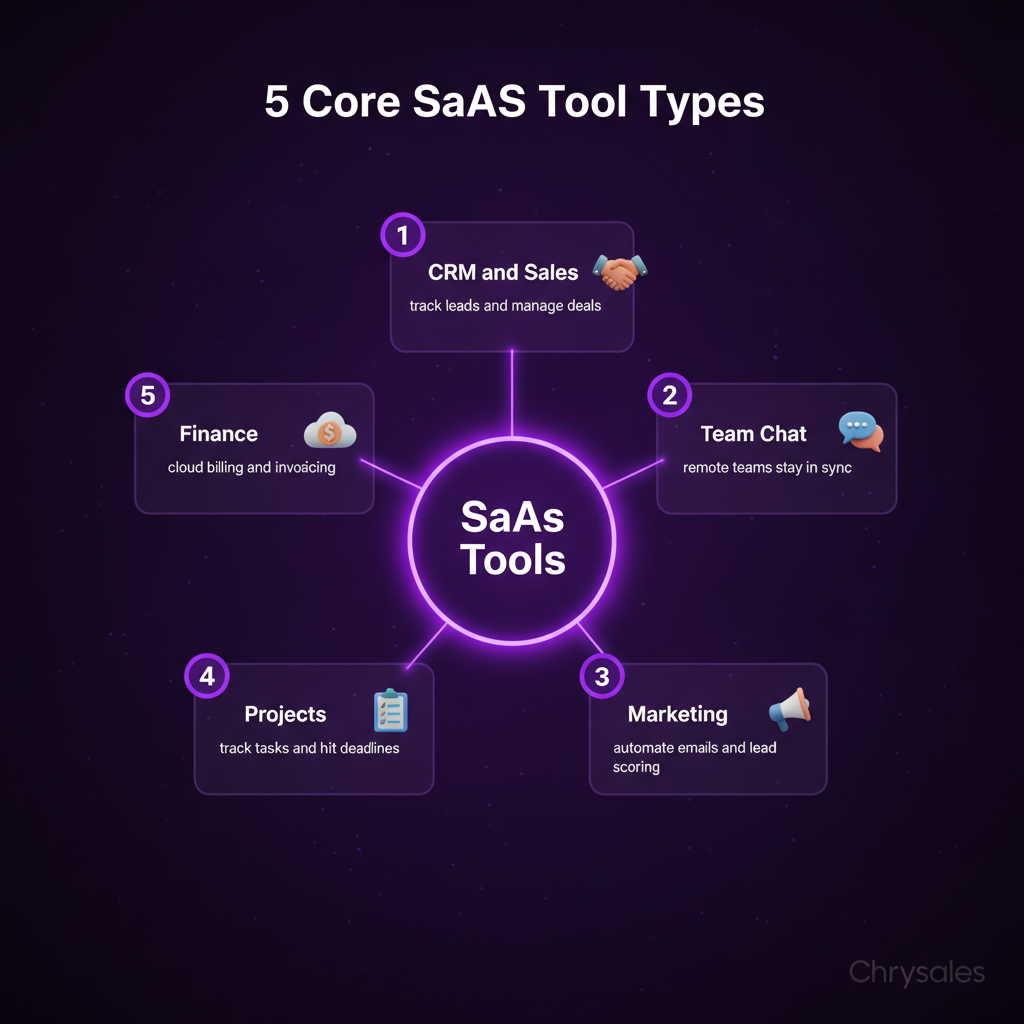 Hub and spoke diagram showing five core SaaS software tool categories for B2B teams