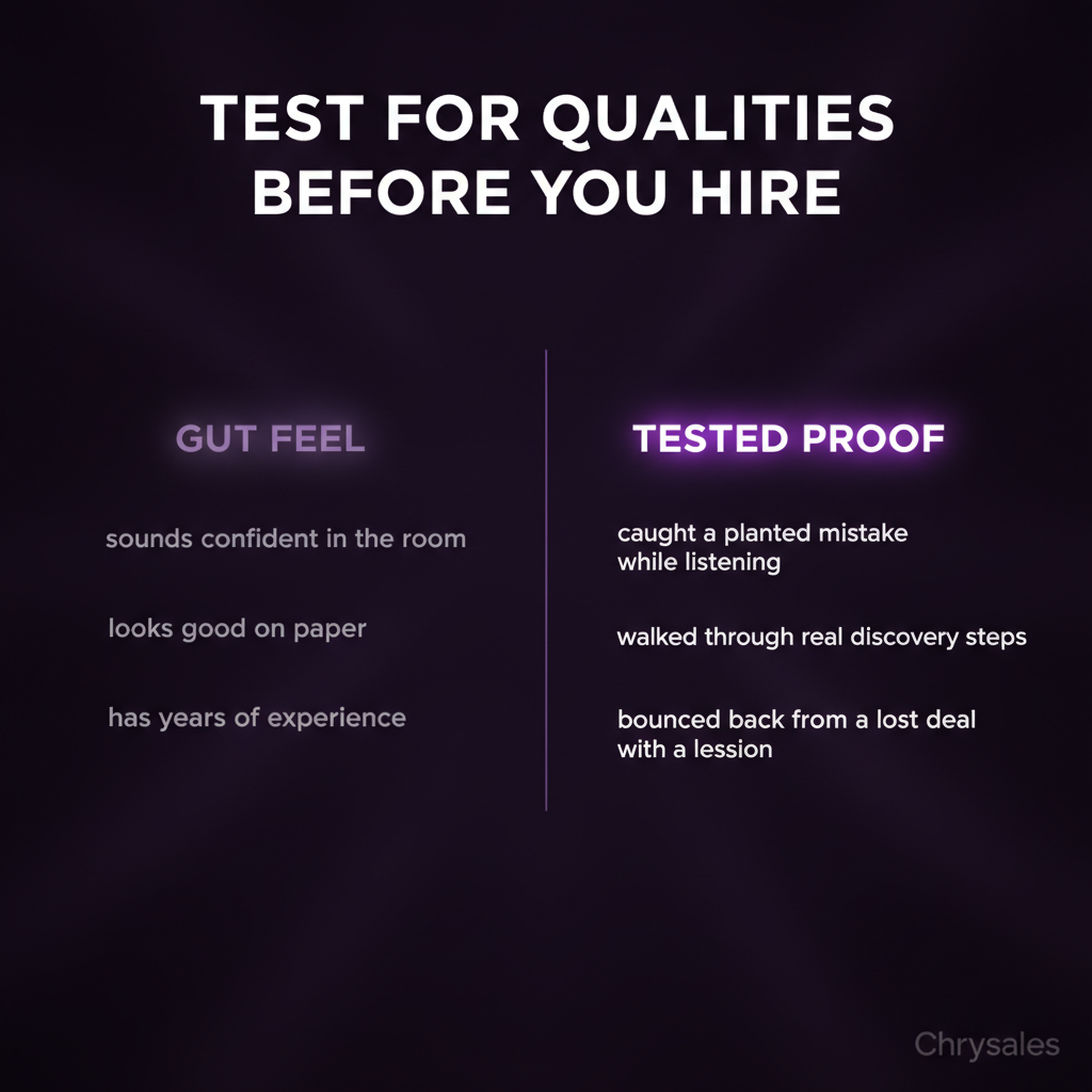 Side by side comparison of gut feel hiring versus tested proof when hiring sales closers