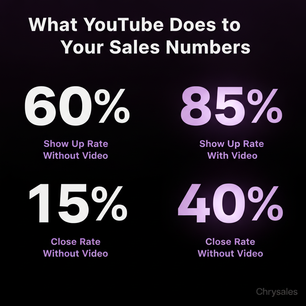 Stat grid comparing sales show up and close rates with and without YouTube video