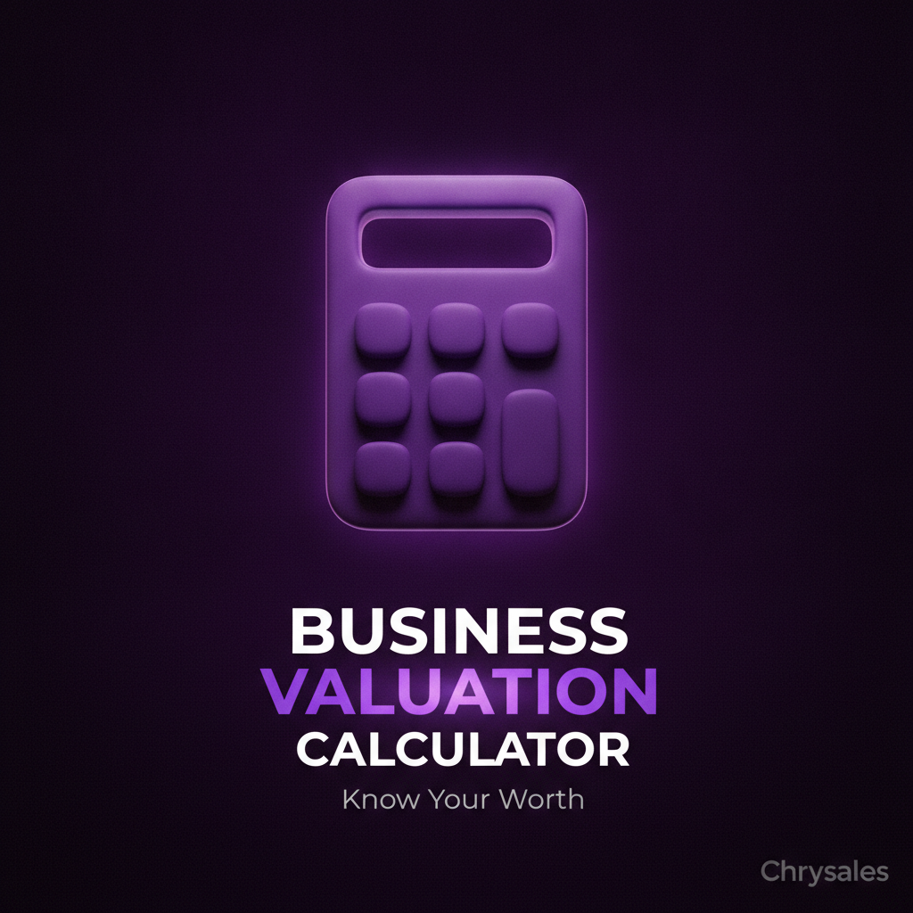 Business valuation calculator concept with glowing 3D calculator and bold title