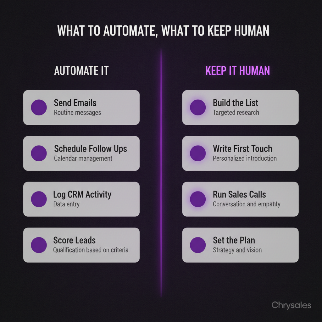 Side by side comparison of what to automate versus what to keep human in sales