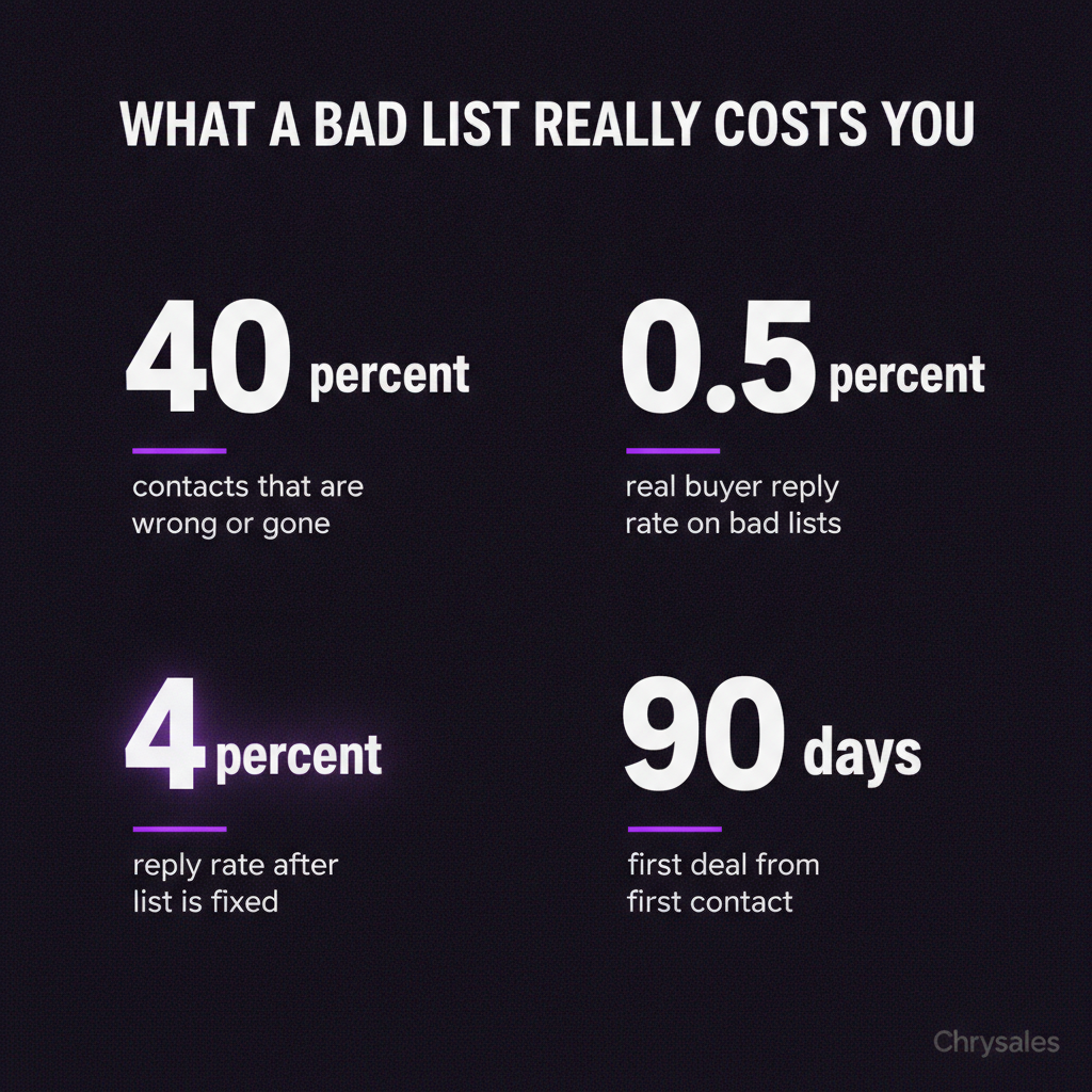 Key stats on bad lead lists showing reply rates and fix results for consultants