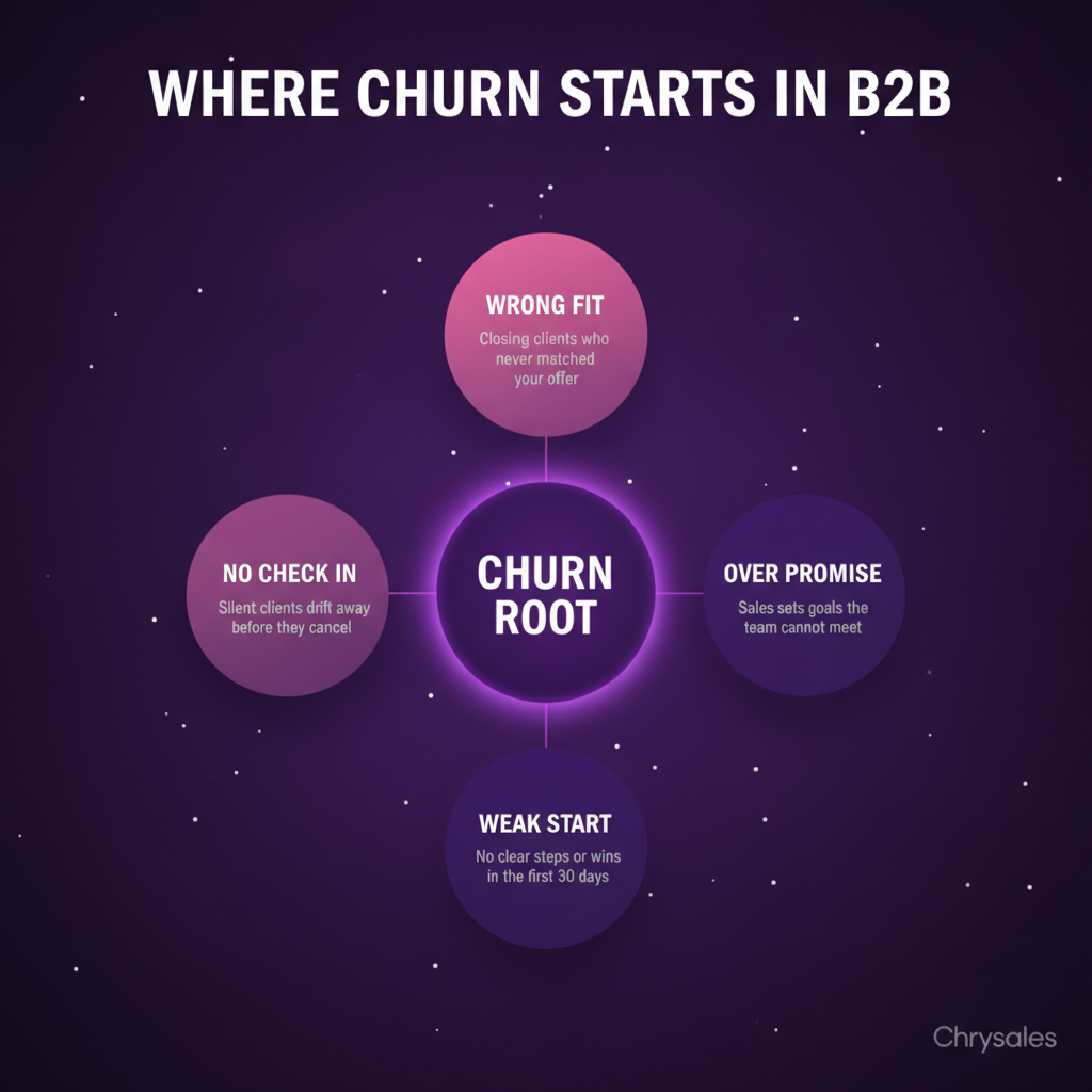 Hub and spoke diagram showing four root causes of B2B client churn