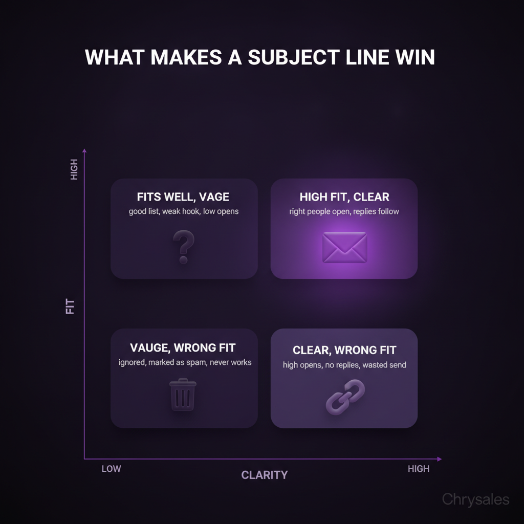 Matrix showing cold email subject line clarity and fit across four quadrants
