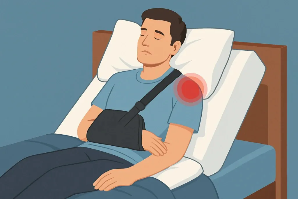 Man sleeping in bed with his arm in a sling after shoulder surgery, showing shoulder pain.
