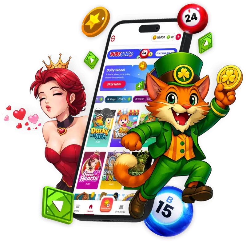 A vibrant 3D graphic featuring a smartphone displaying the Ruby Sweeps social casino app. The screen shows the Daily Wheel and various slot games like 'Ducky at Sea' and 'Queen of Hearts.' Surrounding the phone are colorful mascot characters, including a red-haired queen blowing heart-shaped kisses and a cheerful leprechaun cat holding a gold coin, alongside floating gold coins and green emeralds.