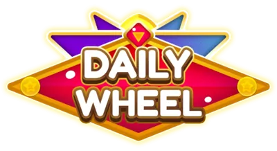 A vibrant diamond-shaped logo for the "DAILY WHEEL" reward feature with a ruby icon and golden accents.