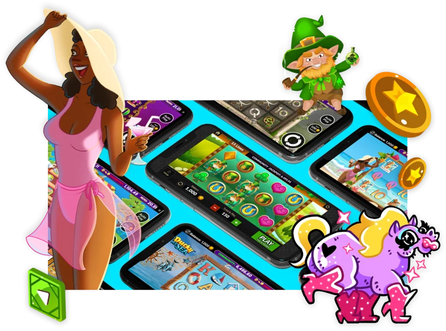 A collage of smartphones displaying various Ruby Sweeps social casino games, surrounded by illustrated characters including a leprechaun and a tropical vacationer.