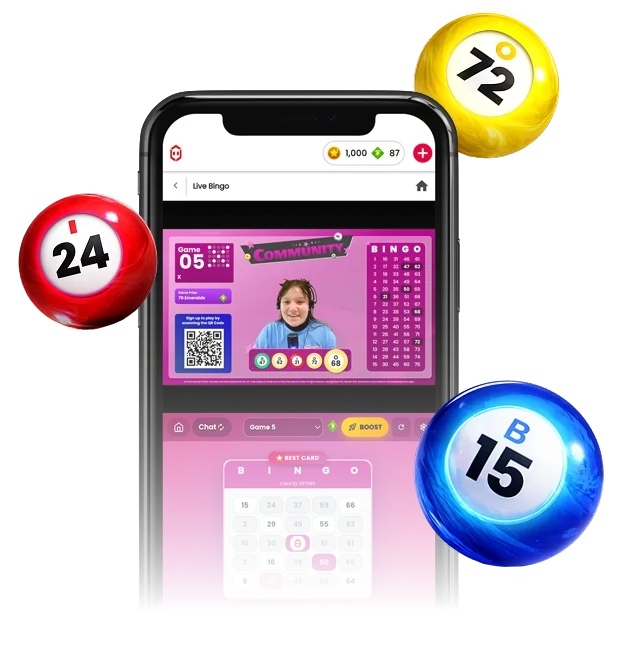 A smartphone displaying the Ruby Bingo live interface, featuring a live video stream of a host, a digital bingo card, and colorful floating bingo balls numbered 24, 72, and 15.