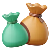 A 3D illustration of two tied money bags, one teal and one gold, representing social casino jackpot rewards.