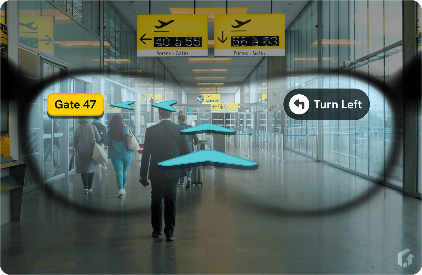 AR smart glasses showing wayfinding directions in an airport