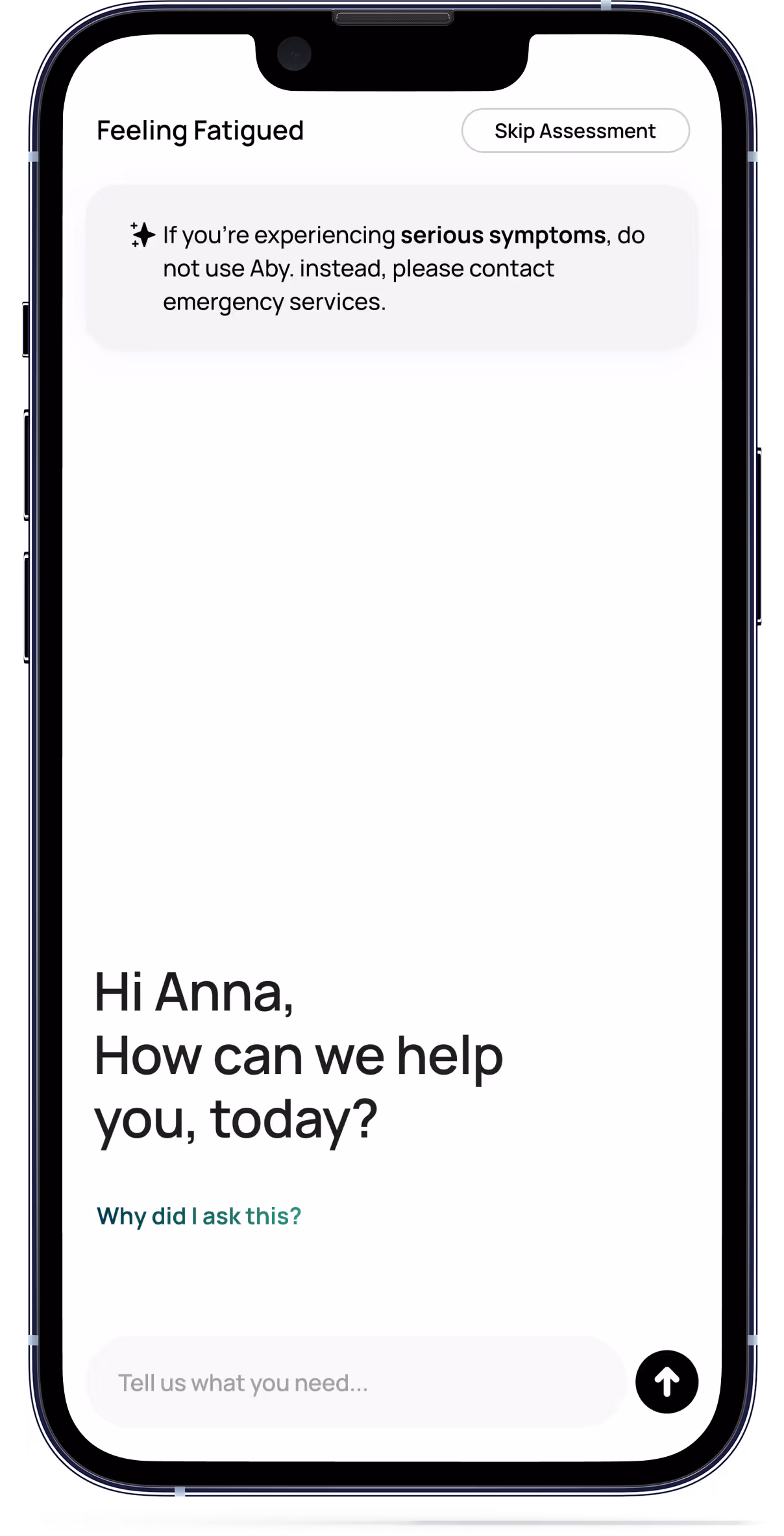 The Abby Health app conducting an assessment about fatigue