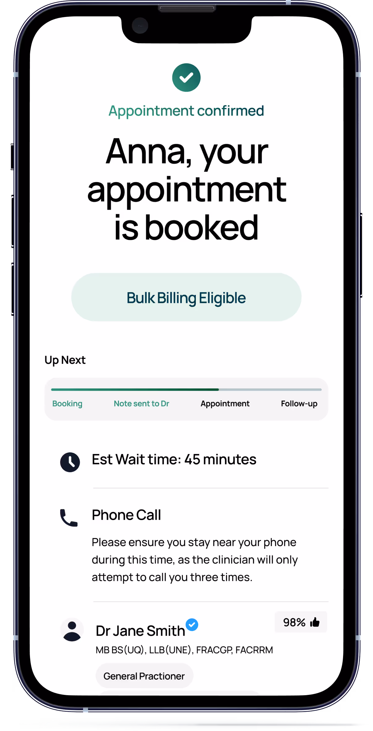 A confirmation of an medical appointment