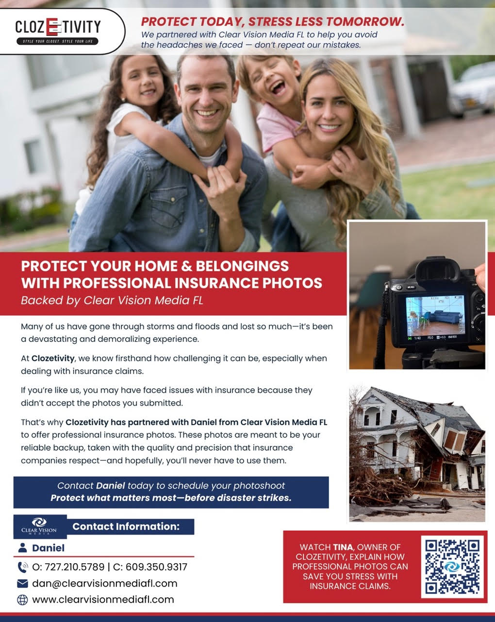 Family smiling outside their home promoting Clozetivity and Clear Vision Media FL partnership for professional insurance photos to protect belongings before storms.”