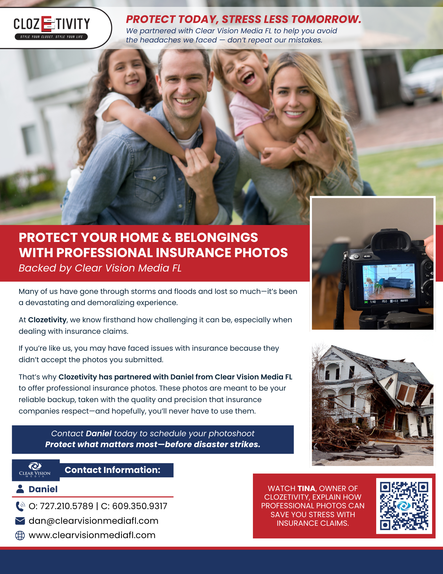 A smiling family stands outside their rebuilt Florida home after a hurricane, symbolizing protection and renewal. The image promotes Clozetivity of Pinellas’ partnership with Clear Vision Media FL to help homeowners capture professional insurance photos for peace of mind before future storms.