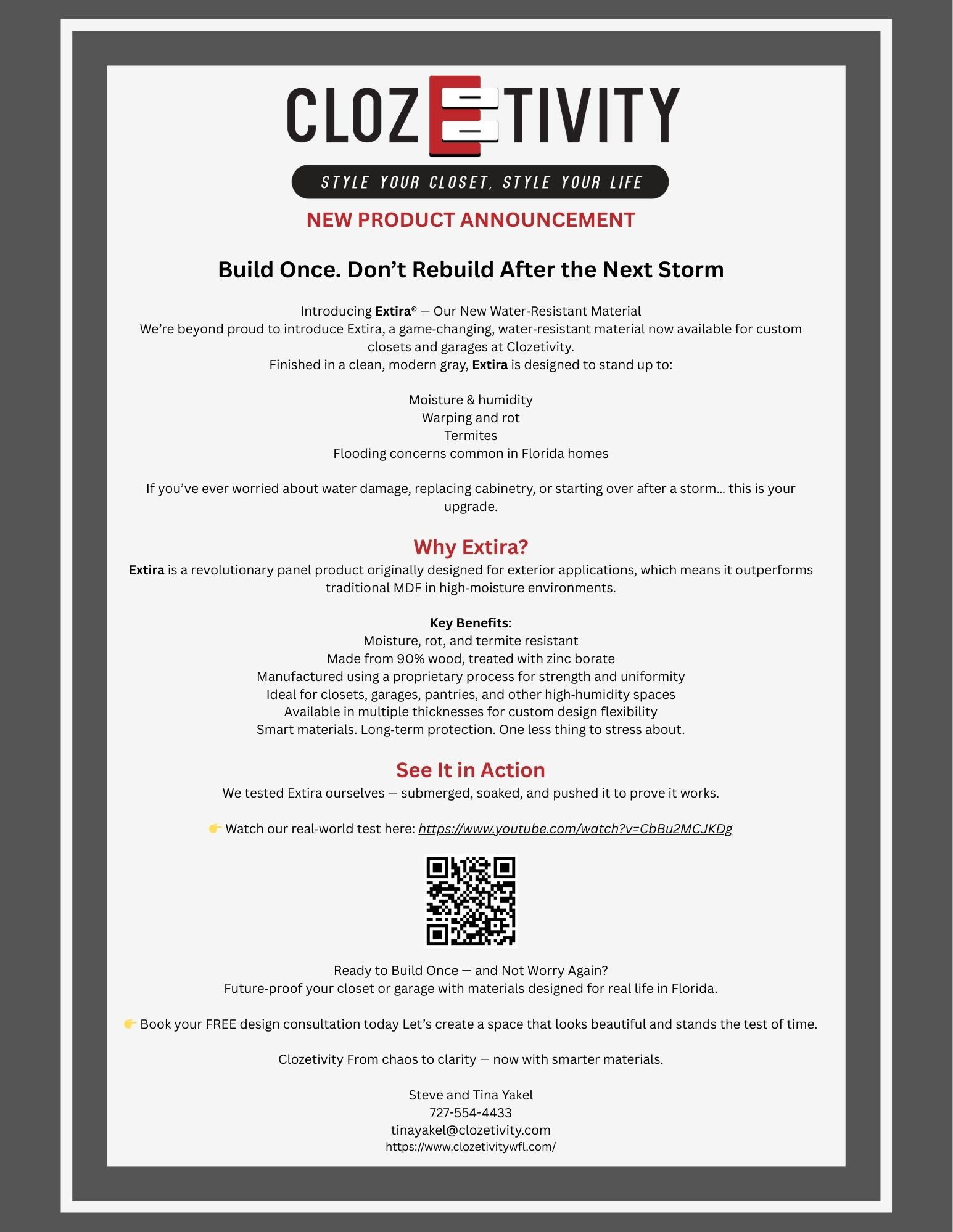 Clozetivity Extira water-resistant custom closet material designed for Florida homes, built to withstand moisture, humidity, and flooding concerns.