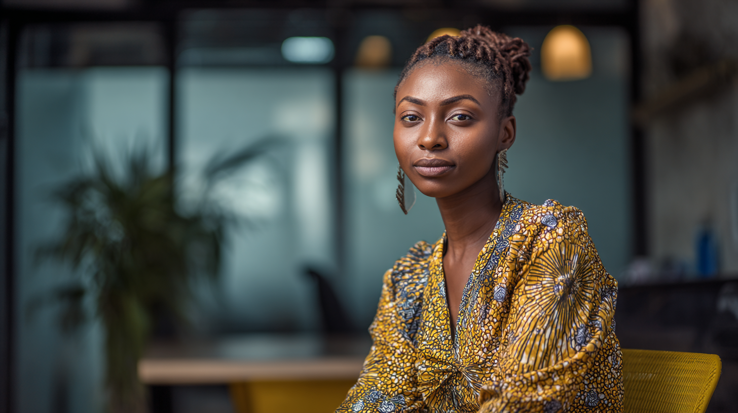 Femme sereine portant une robe jaune à motifs, assise dans un bureau moderne flou.