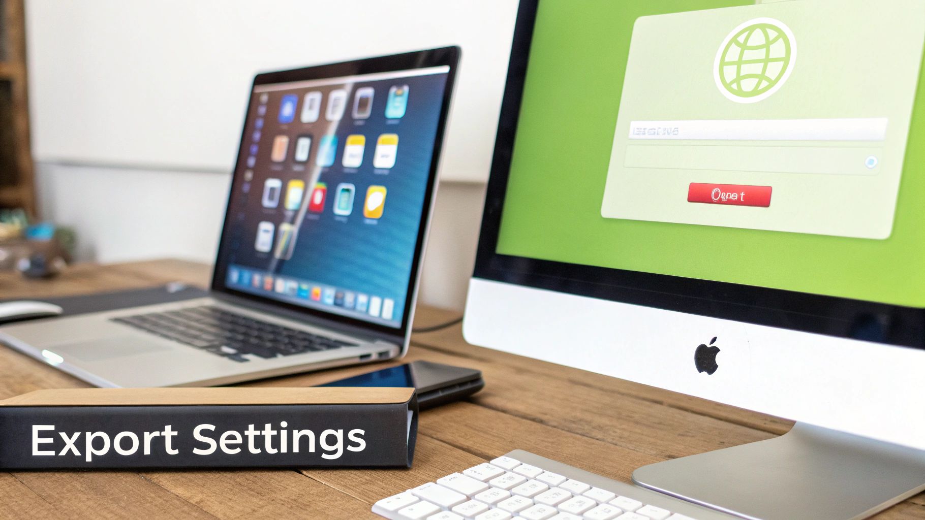A modern desk setup featuring a laptop, an iMac showing a login screen, and a label displaying 'Export Settings'.