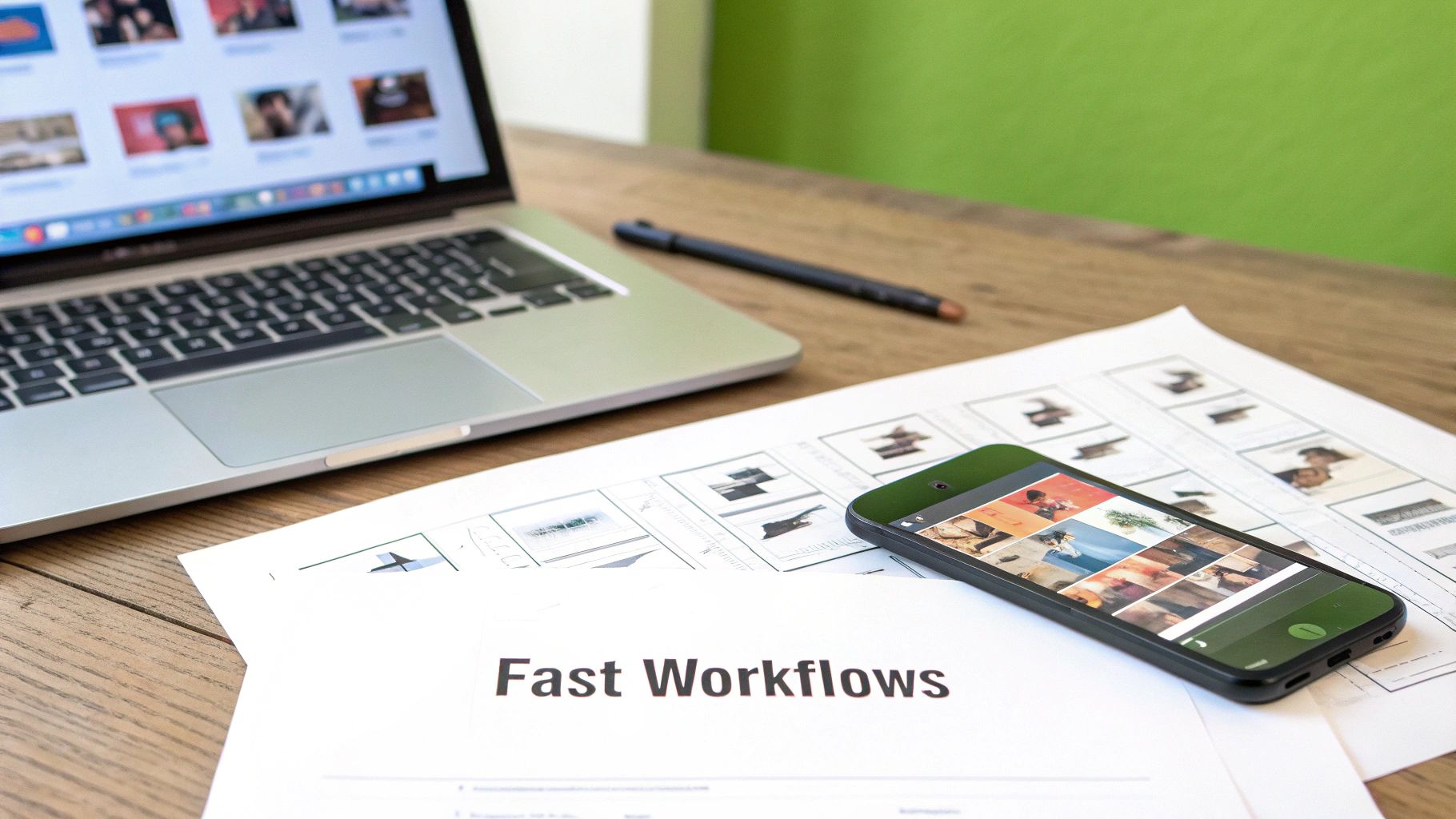 A laptop, smartphone, pen, and documents with 'Fast Workflows' text on a wooden desk.