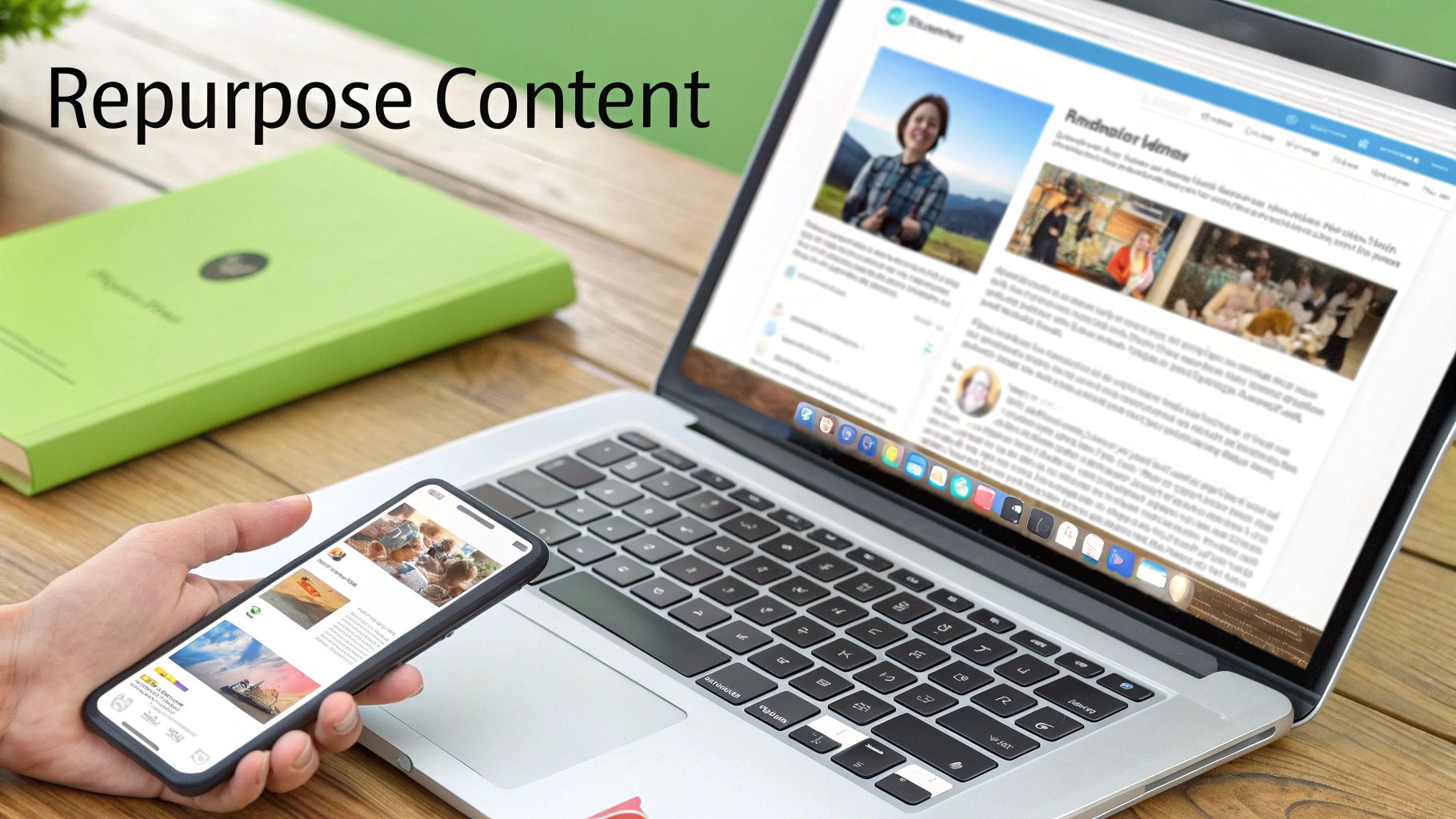 A person holds a smartphone next to a laptop displaying a news feed and a green book, with 'Repurpose Content' overlay.