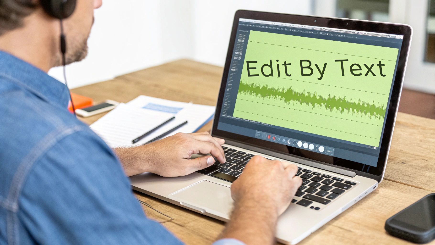 A person wearing headphones edits audio on a laptop, displaying "Edit By Text" on screen.