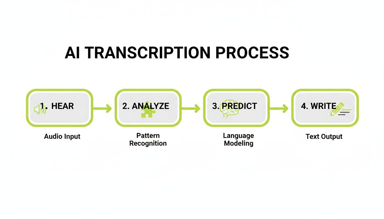 A diagram shows the AI transcription process from audio input to text output in four steps.