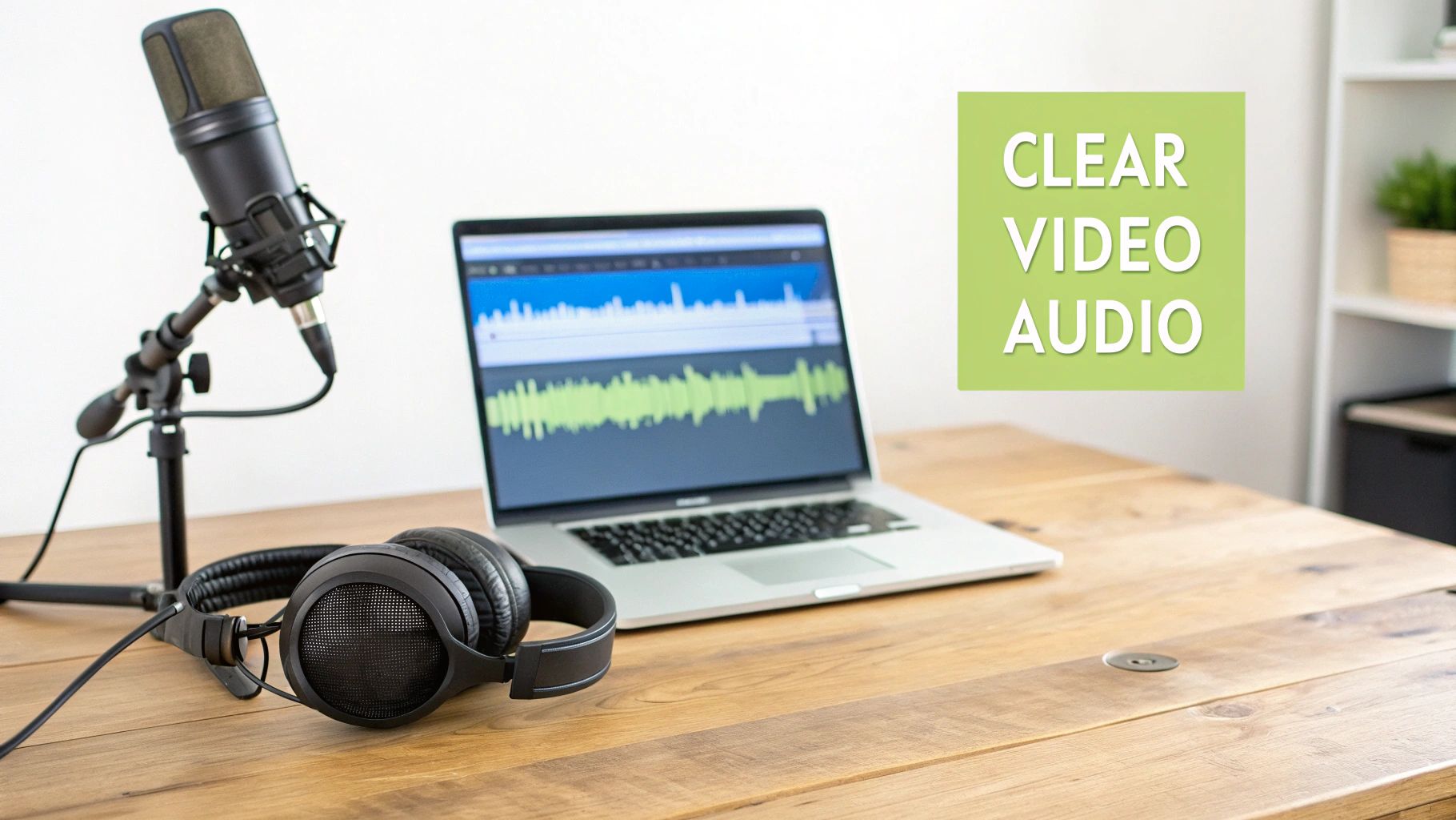 A podcasting setup with a microphone, headphones, and a laptop displaying audio waveforms on a wooden desk.