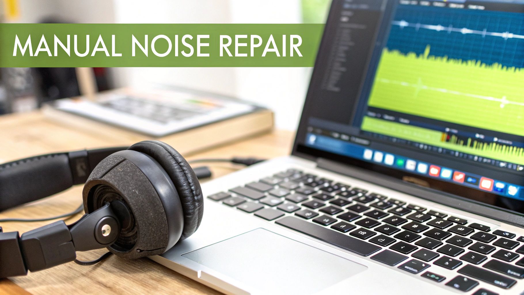 Black headphones resting on a laptop displaying audio editing software for manual noise repair.