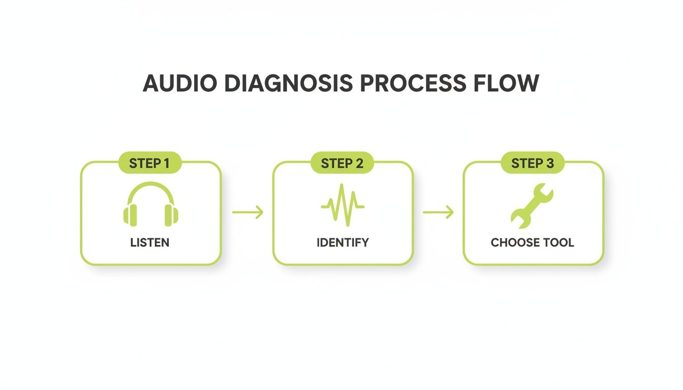 A clear flowchart illustrates the audio diagnosis process with three steps: Listen, Identify, and Choose Tool.