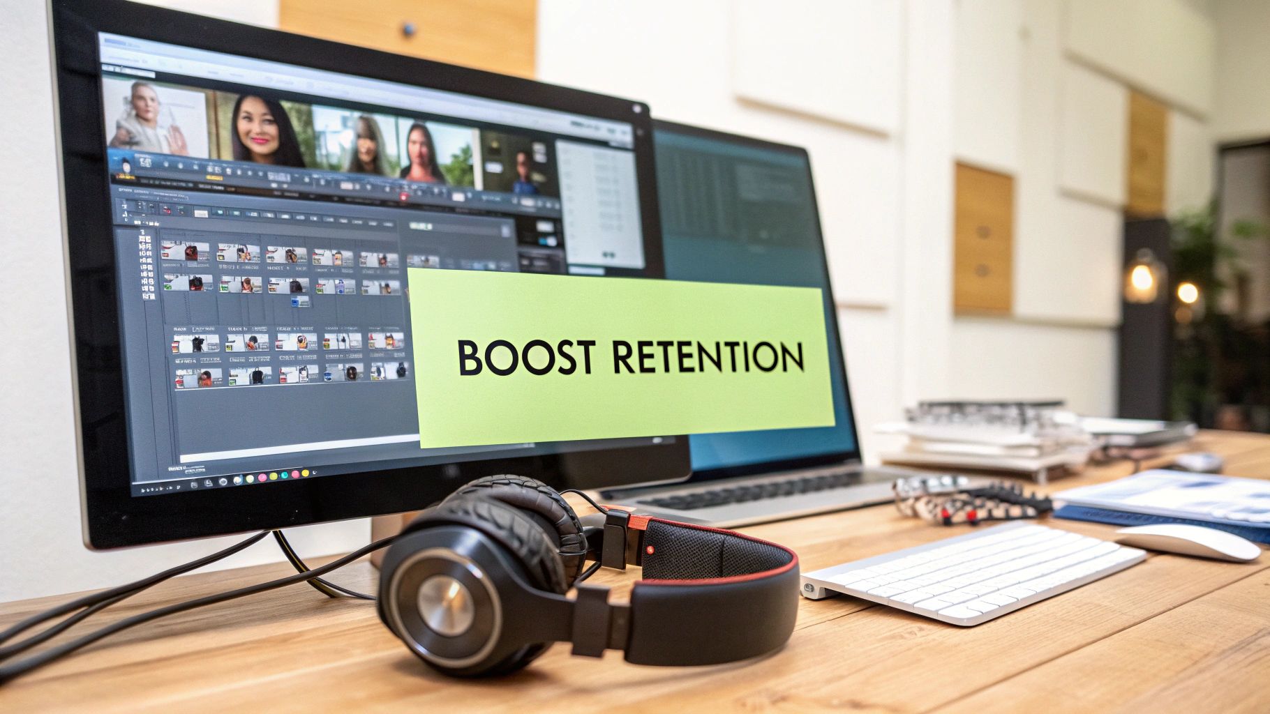 Two computer screens displaying video editing tools and a 'BOOST RETENTION' sticky note in an office.