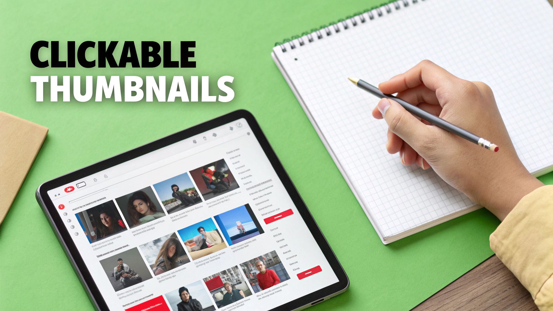A tablet displays clickable video thumbnails on YouTube, next to a hand writing in a notebook.